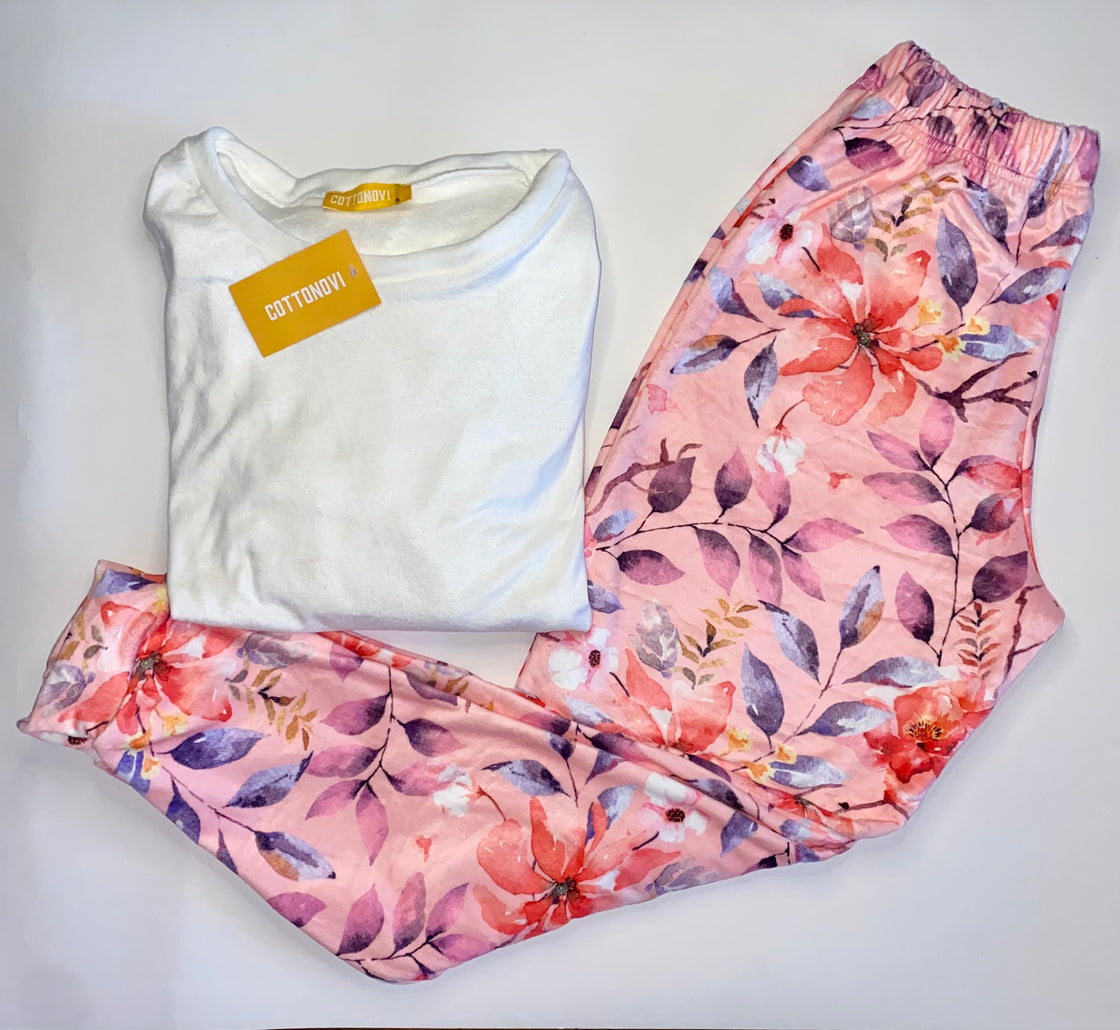 White/ Coral Floral Fleece Women Pajamas